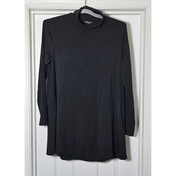 Eileen Fisher Scrunch Neck Tunic Long Sleeve Black Stretch Size Medium Tencel - Picture 1 of 5